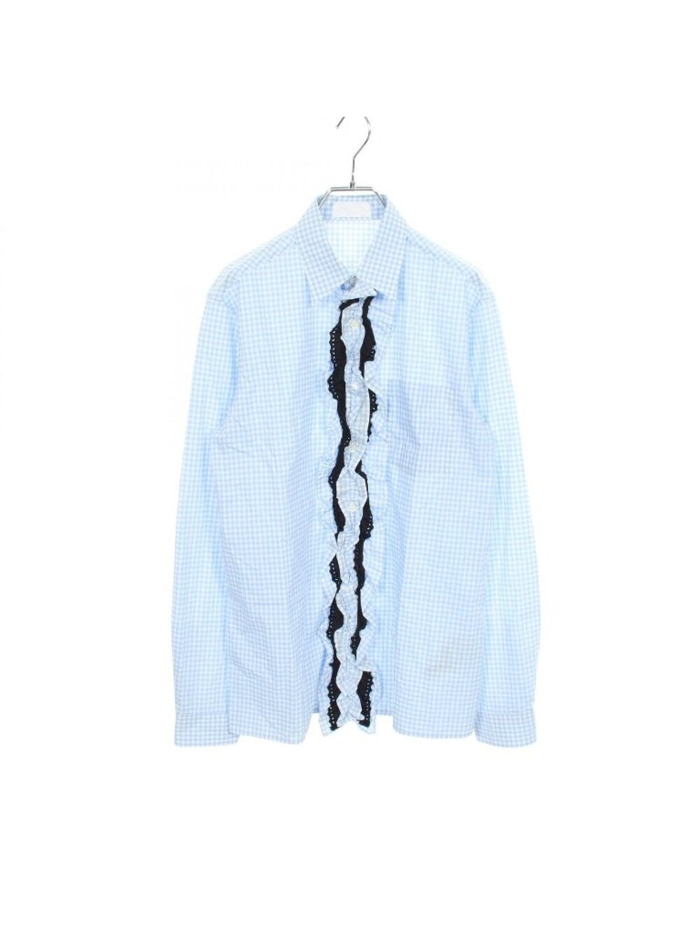 Prada Gingham Check Ruffle Long Sleeve Blue Cotton Shirt